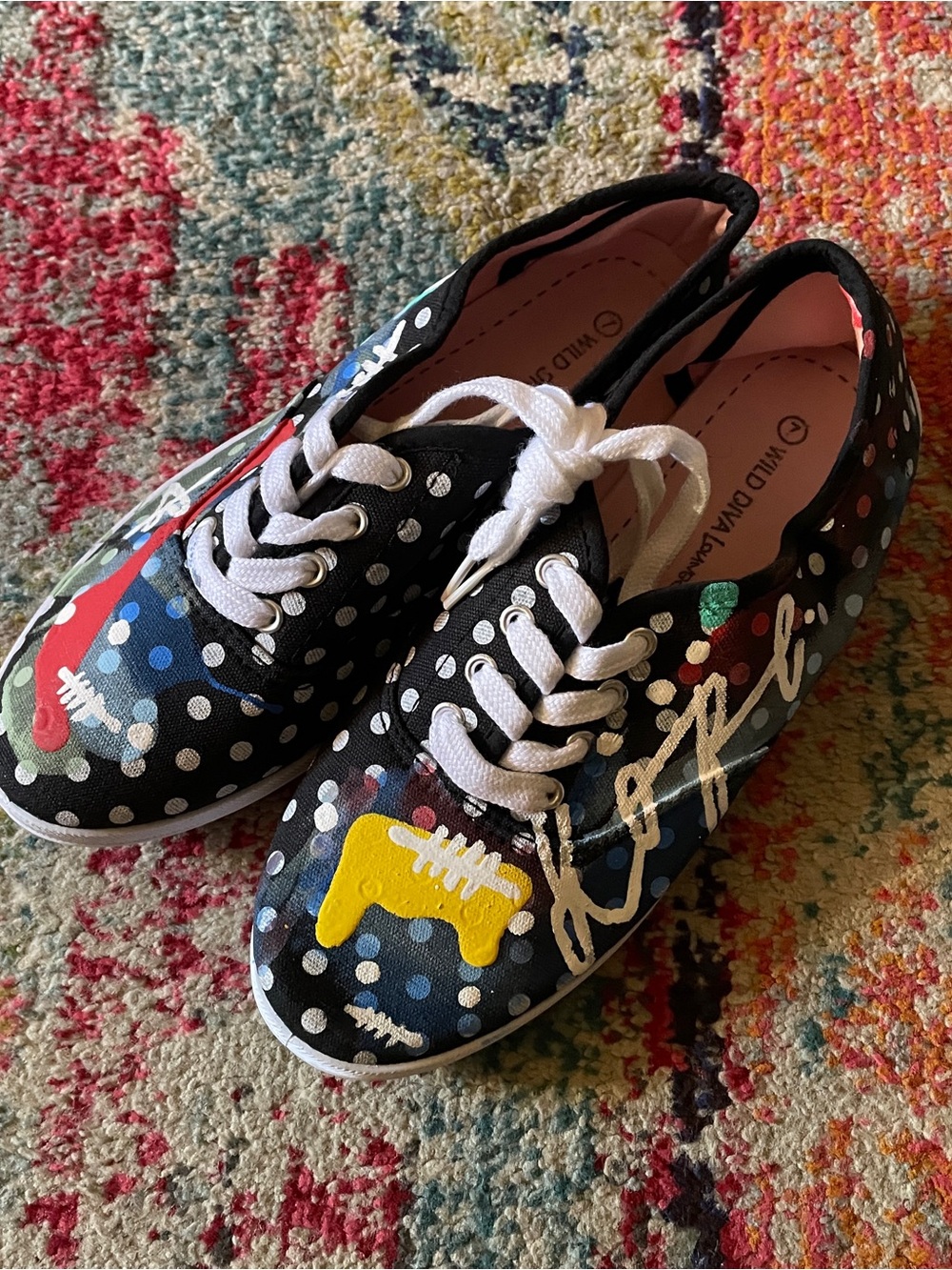 Wild Diva Black Polka Dot Sneakers with Multicolor Painted Accents